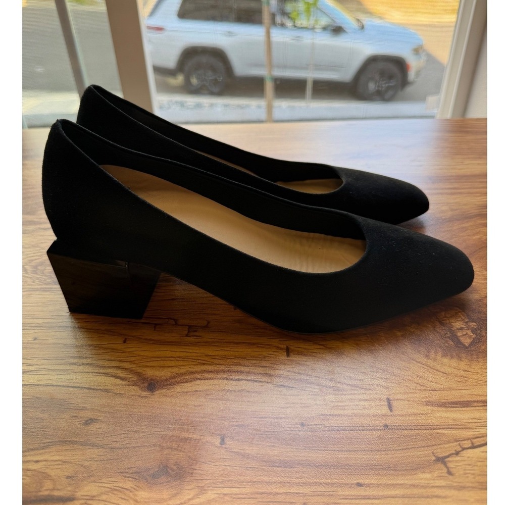 Butter Italy Black Suede Almond Toe Pumps Architectural Block Heel Shoes 8.5B